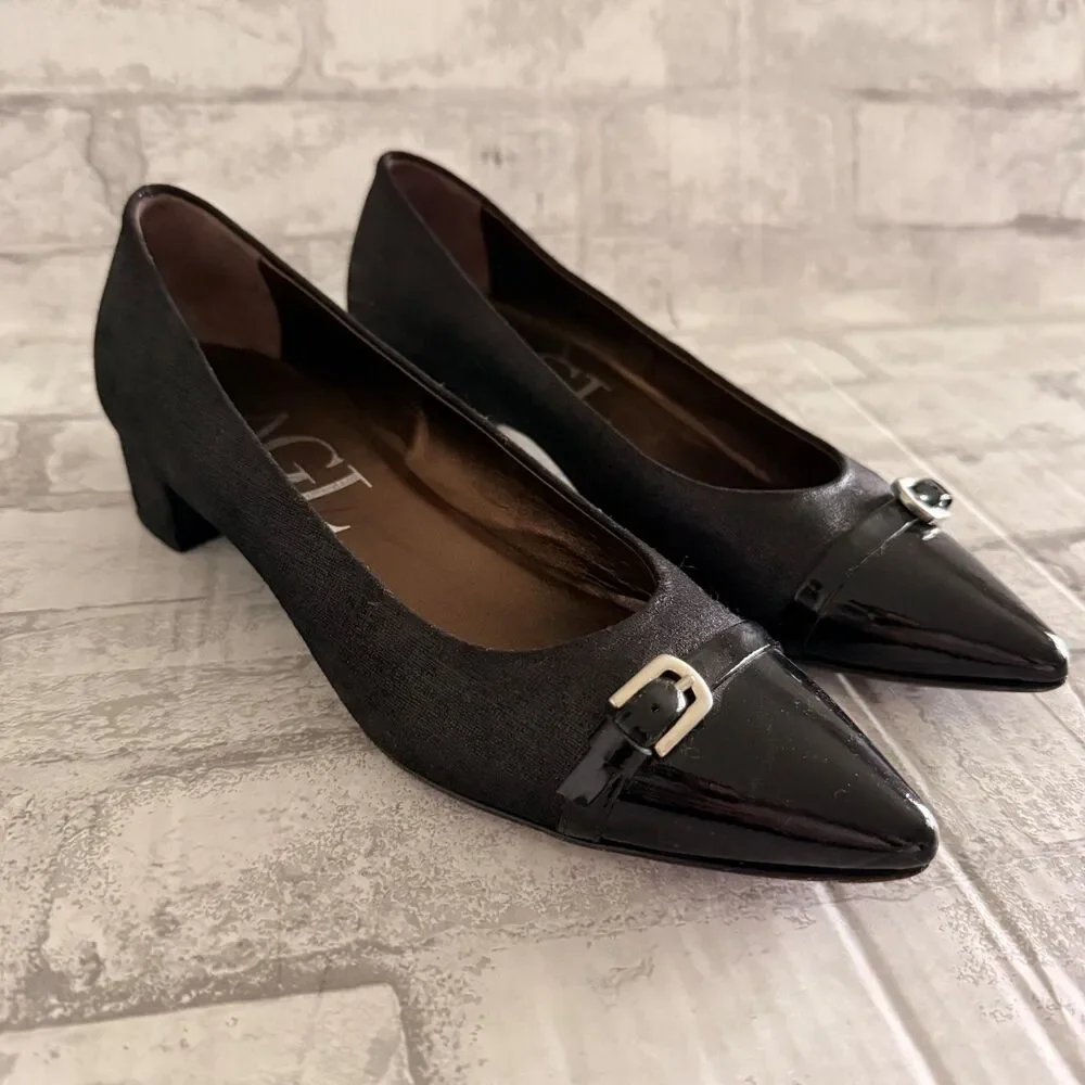 AGL Attilio Giusti Leombruni Black Patent Cap Toe Pumps Leather Pumps Sz 38.5
